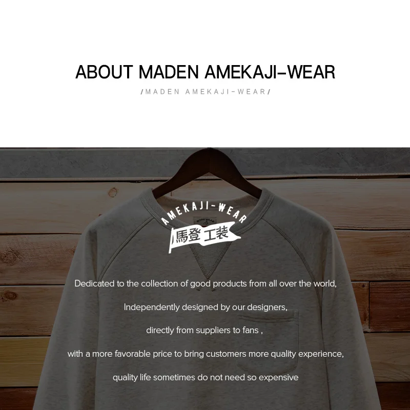 Maden Vintage Heavyweight Round Neck Fleece-lined Hoodie Casual Sporty Thickened Warm Top for Men's Fall and Winter Sweatshirt