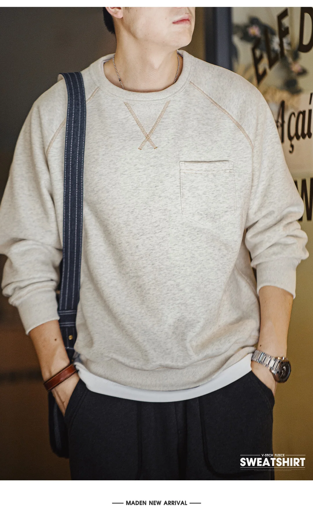 Maden Vintage Heavyweight Round Neck Fleece-lined Hoodie Casual Sporty Thickened Warm Top for Men's Fall and Winter Sweatshirt