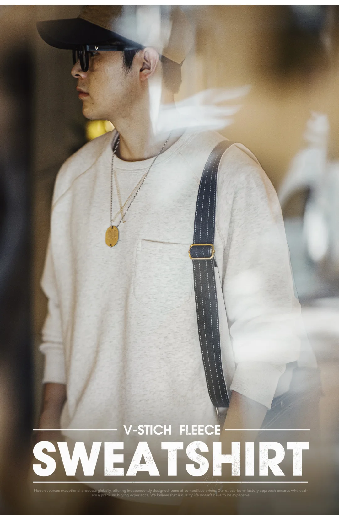 Maden Vintage Heavyweight Round Neck Fleece-lined Hoodie Casual Sporty Thickened Warm Top for Men's Fall and Winter Sweatshirt