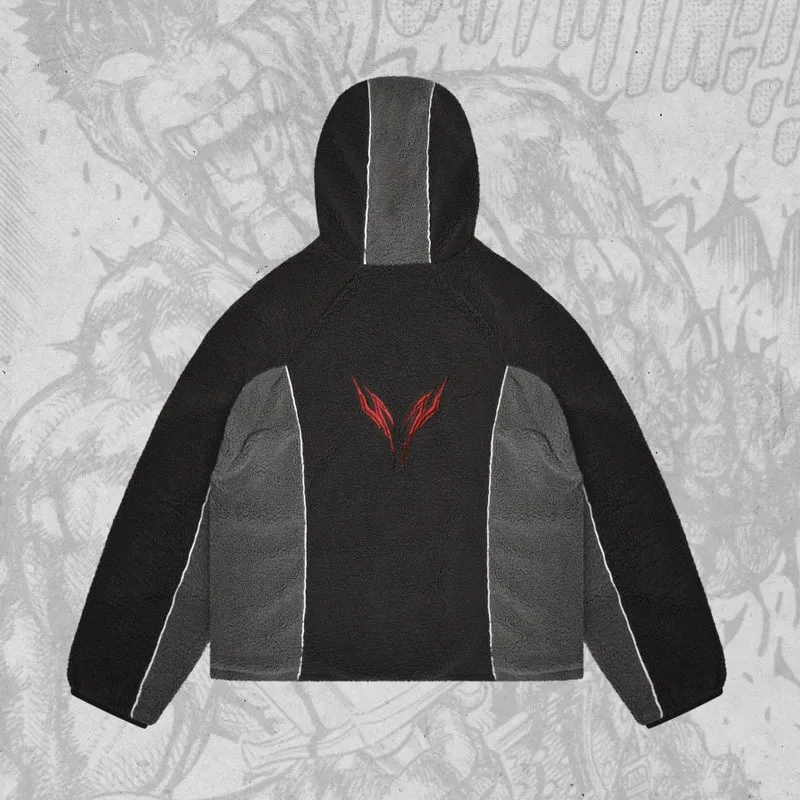 Autumn Retro Hip-Hop Street Lamb Fleece Hoodie Loose Casual Patchwork Black Gray Hooded Embroidery Versatile