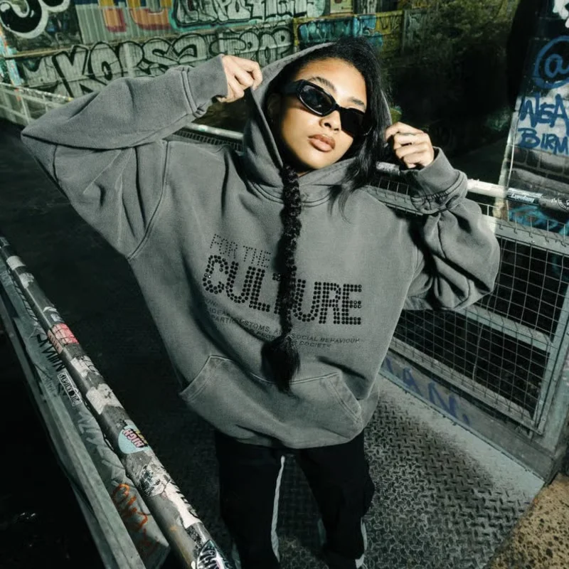 Y2K Rhinestone Letters Mens Hoodies Streetwear Hot Trend Couple Pullover Hooded Sweatshirt Casual Loose Fit 3 Colors Minimalist