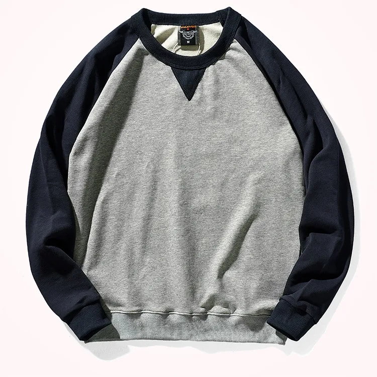 American Terry Contrast Stitching Hoodies Men's Pure Cotton Washed Old O-neck Pullover Knitted Raglan Sleeve Casual Sweatshirts