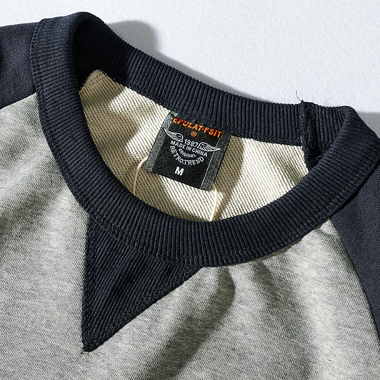 American Terry Contrast Stitching Hoodies Men's Pure Cotton Washed Old O-neck Pullover Knitted Raglan Sleeve Casual Sweatshirts