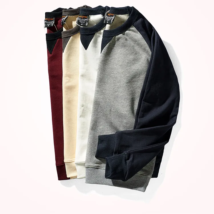 American Terry Contrast Stitching Hoodies Men's Pure Cotton Washed Old O-neck Pullover Knitted Raglan Sleeve Casual Sweatshirts