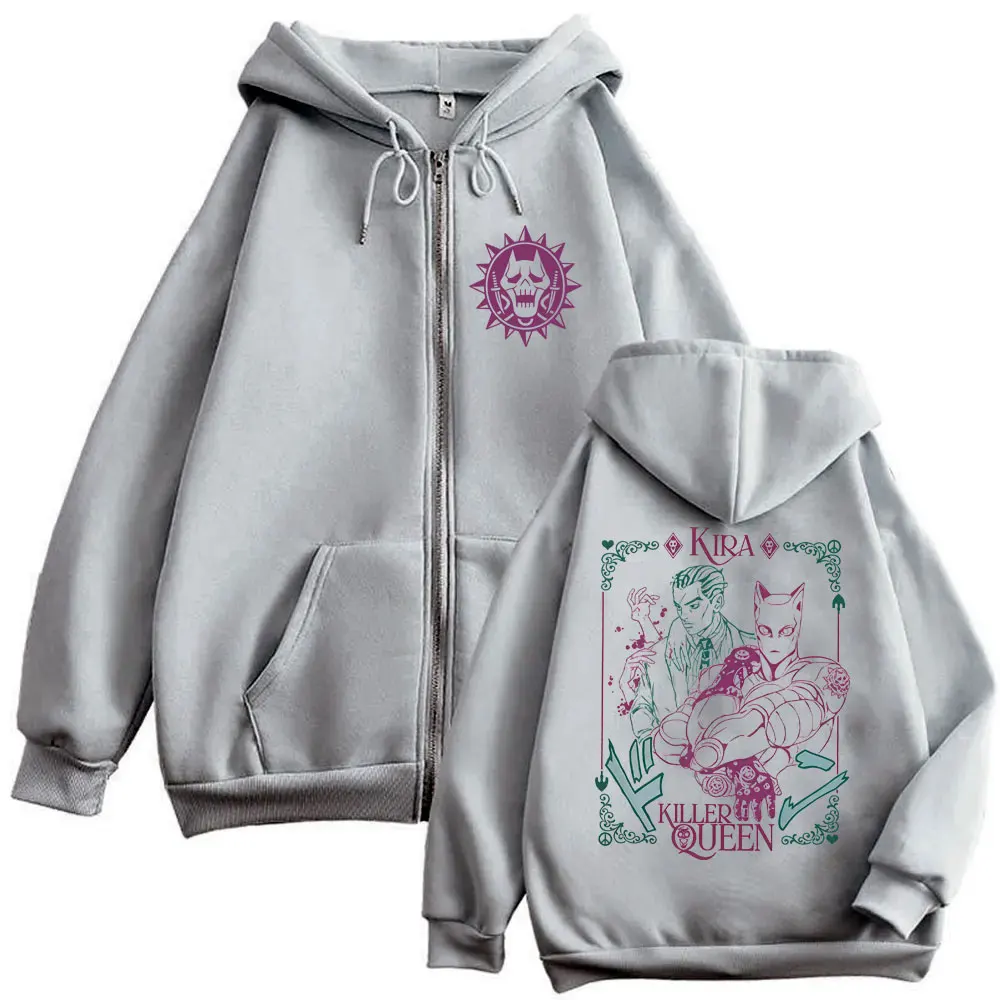 Anime Jojo's Bizarre Adventure Kira Killer Queen Zipper Hoodie Men Women Manga Casual Vintage Zip Up Jacket Male Oversized Coat
