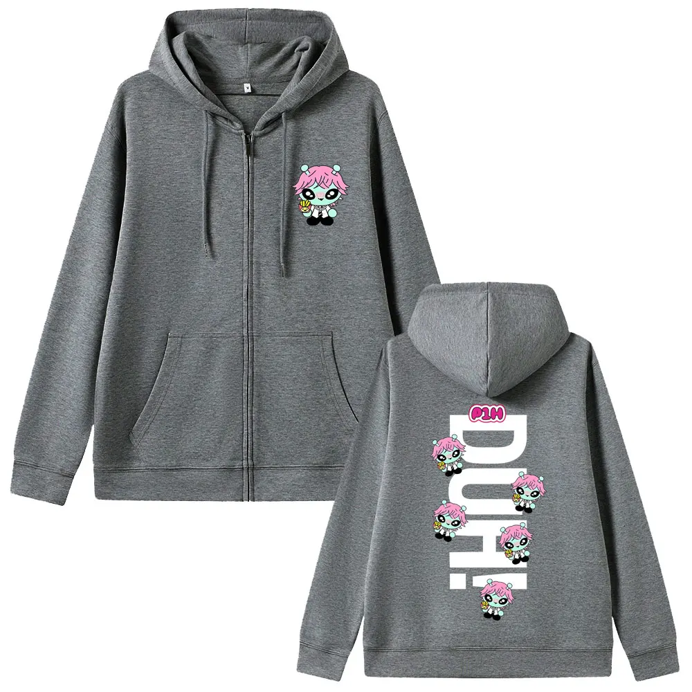 Korean Kpop P1Harmony 2025 DUH Cartoon Style Print Zipper Hoodie Cat Funny Meme Zip Up Jacket Men Women Hip Hop Fashion Hoodies