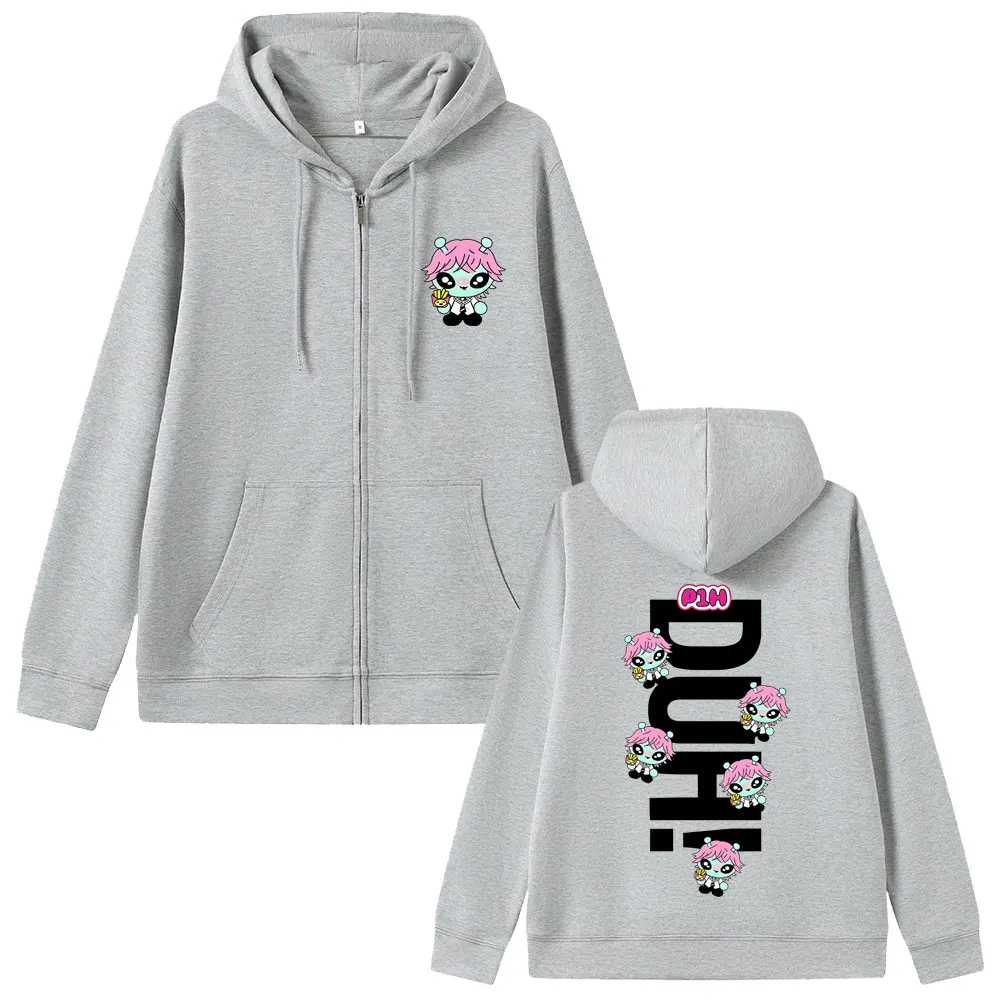 Korean Kpop P1Harmony 2025 DUH Cartoon Style Print Zipper Hoodie Cat Funny Meme Zip Up Jacket Men Women Hip Hop Fashion Hoodies
