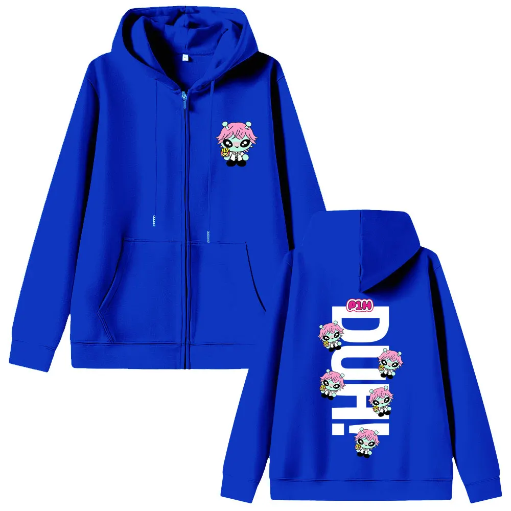 Korean Kpop P1Harmony 2025 DUH Cartoon Style Print Zipper Hoodie Cat Funny Meme Zip Up Jacket Men Women Hip Hop Fashion Hoodies