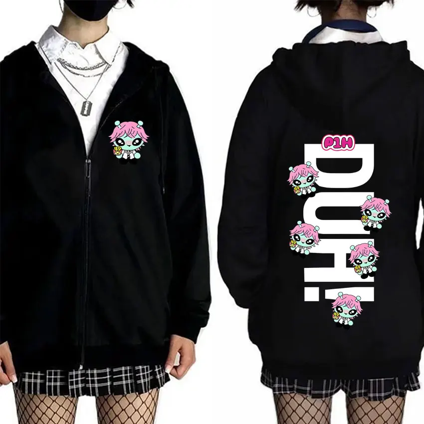 Korean Kpop P1Harmony 2025 DUH Cartoon Style Print Zipper Hoodie Cat Funny Meme Zip Up Jacket Men Women Hip Hop Fashion Hoodies