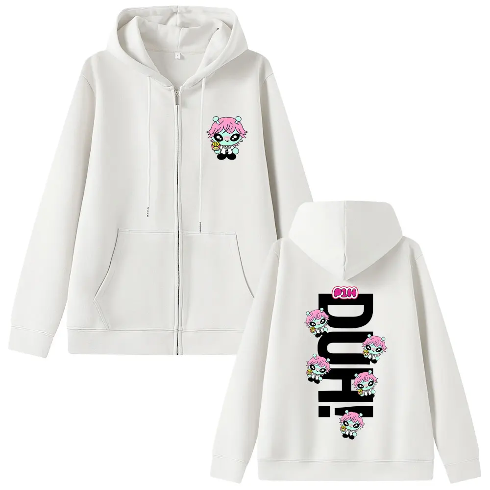 Korean Kpop P1Harmony 2025 DUH Cartoon Style Print Zipper Hoodie Cat Funny Meme Zip Up Jacket Men Women Hip Hop Fashion Hoodies