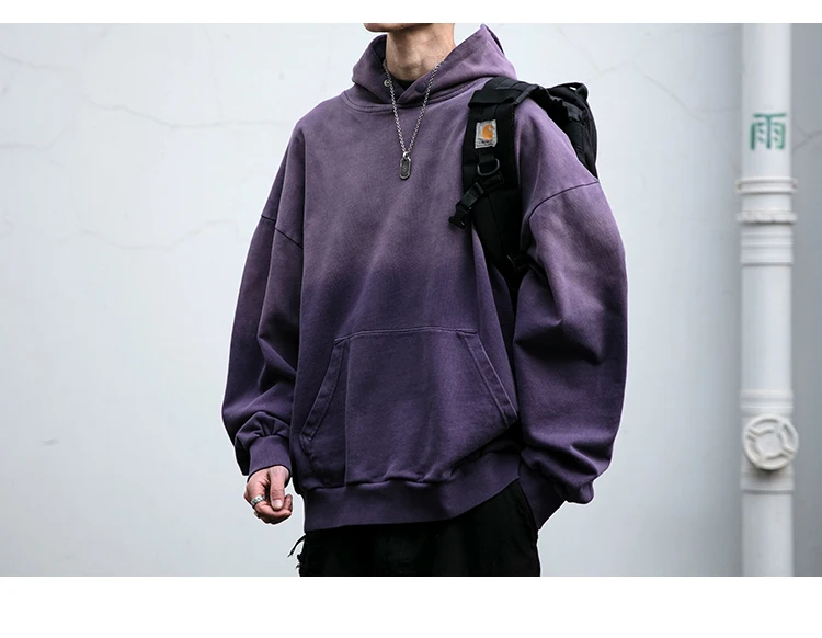 Mens Heavyweight Cotton Hoodie Oversized Streetwear Spring Autumn Garment Dyed Washed Ombre Pullover High Quality Sweatshirt