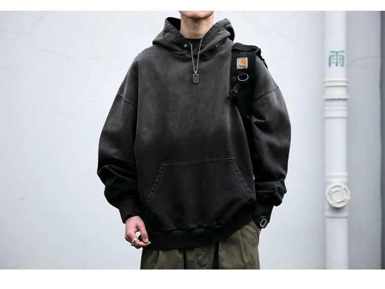 Mens Heavyweight Cotton Hoodie Oversized Streetwear Spring Autumn Garment Dyed Washed Ombre Pullover High Quality Sweatshirt