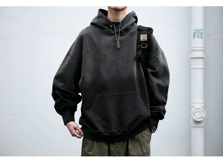 Mens Heavyweight Cotton Hoodie Oversized Streetwear Spring Autumn Garment Dyed Washed Ombre Pullover High Quality Sweatshirt