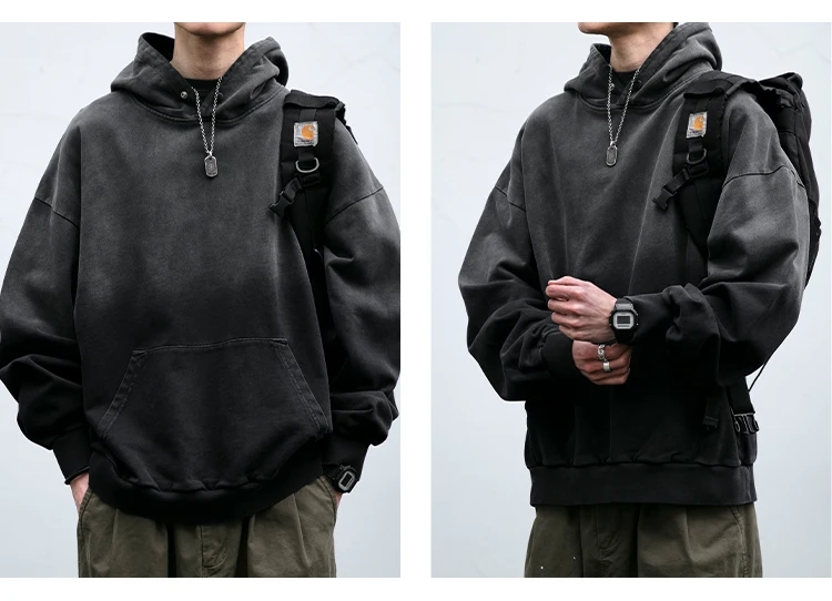 Mens Heavyweight Cotton Hoodie Oversized Streetwear Spring Autumn Garment Dyed Washed Ombre Pullover High Quality Sweatshirt