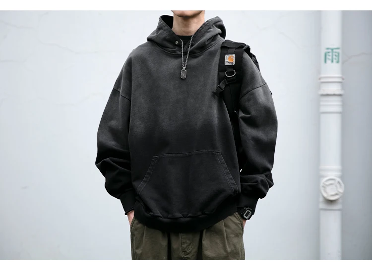 Mens Heavyweight Cotton Hoodie Oversized Streetwear Spring Autumn Garment Dyed Washed Ombre Pullover High Quality Sweatshirt