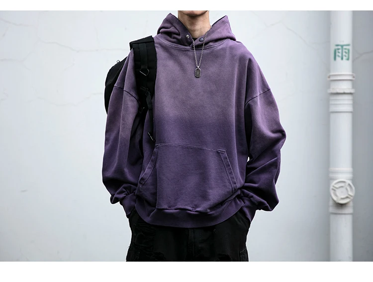 Mens Heavyweight Cotton Hoodie Oversized Streetwear Spring Autumn Garment Dyed Washed Ombre Pullover High Quality Sweatshirt