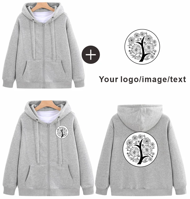 Fashion Zipper Hoodie Custom Design 100% Cotton Sweatshirt Embroidery Company Logo Thin Solid Color Hoodie Printing Text Pattern