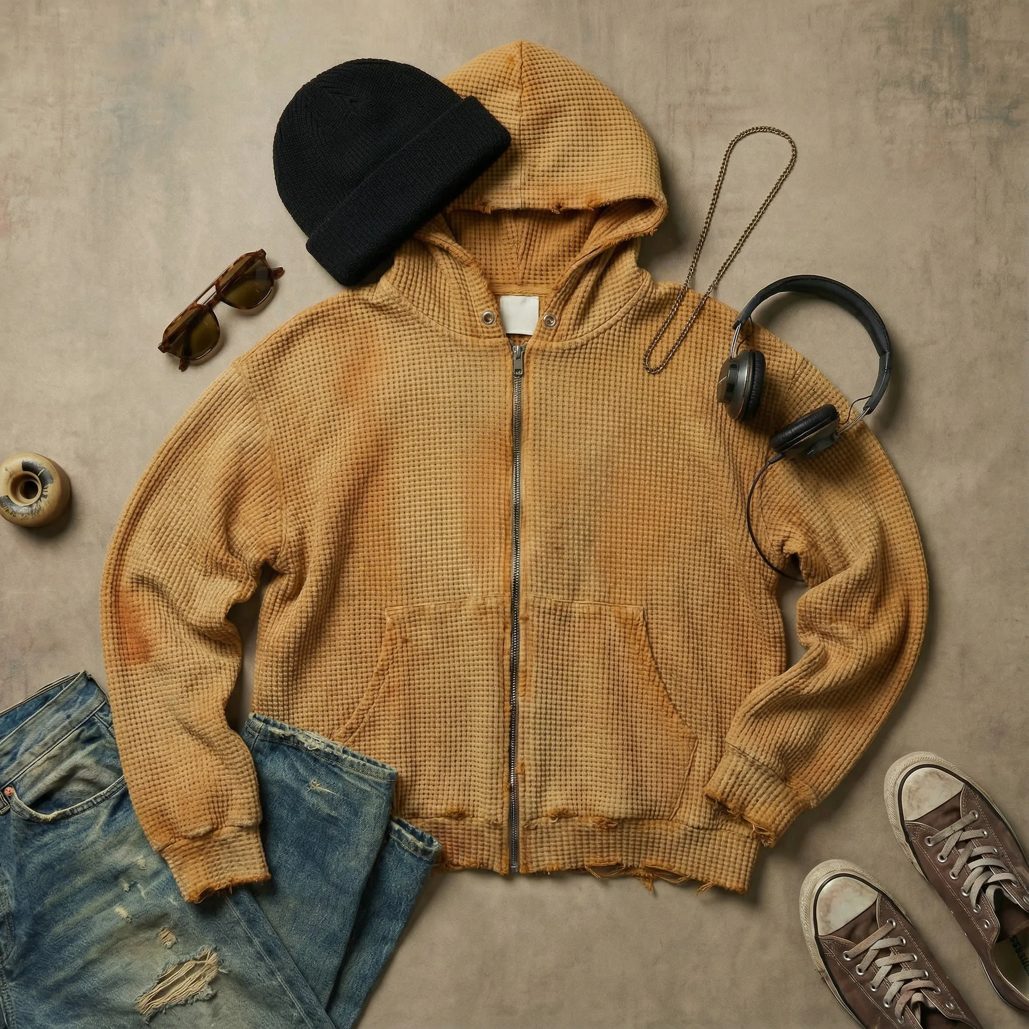 Casual Warm Street Style Retro Waffle Texture Zip Up Hoodie Men and Womens Brown Oversized Coat Y2K Harajuku Trendy Fashion Coat