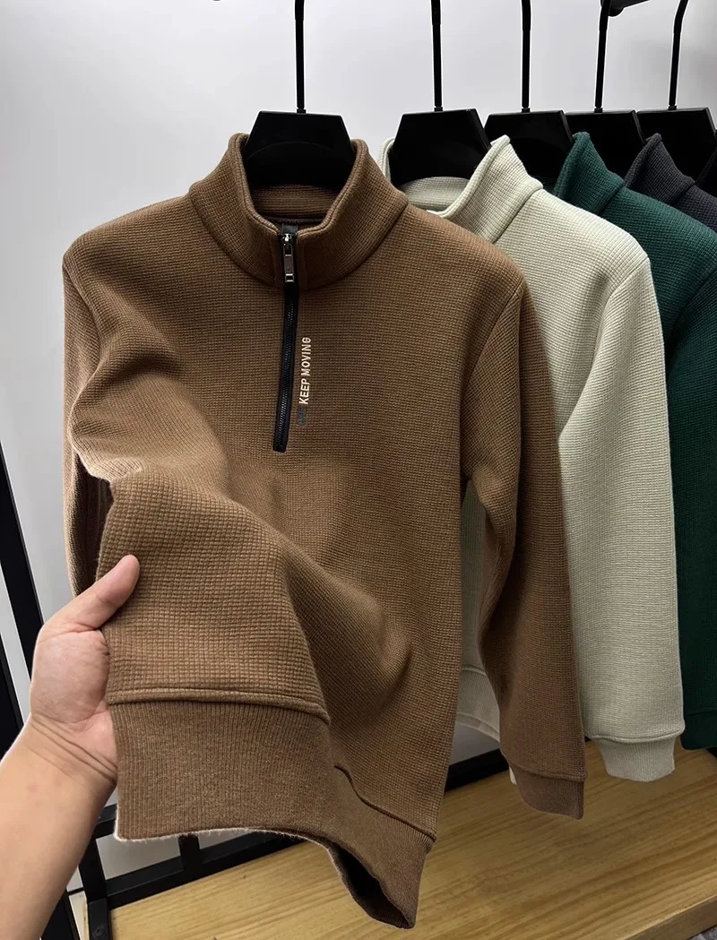 New Autumn Winter Men's Half Zipper Hoodies Fashion Casual Social Men Pullover Tops Stand Collar Warm Thicken Fleece Sweatshirts