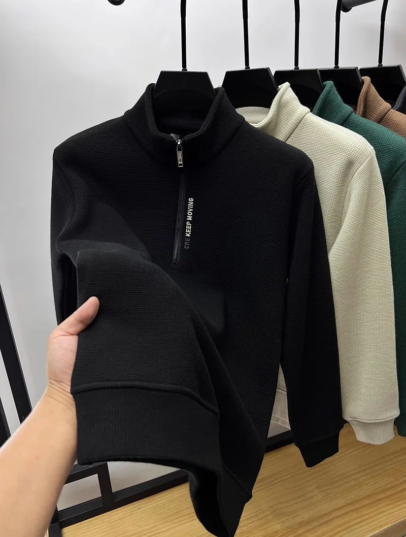 New Autumn Winter Men's Half Zipper Hoodies Fashion Casual Social Men Pullover Tops Stand Collar Warm Thicken Fleece Sweatshirts