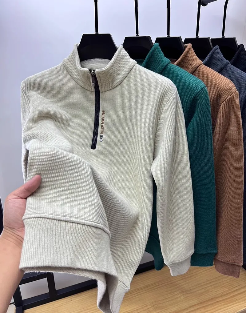 New Autumn Winter Men's Half Zipper Hoodies Fashion Casual Social Men Pullover Tops Stand Collar Warm Thicken Fleece Sweatshirts