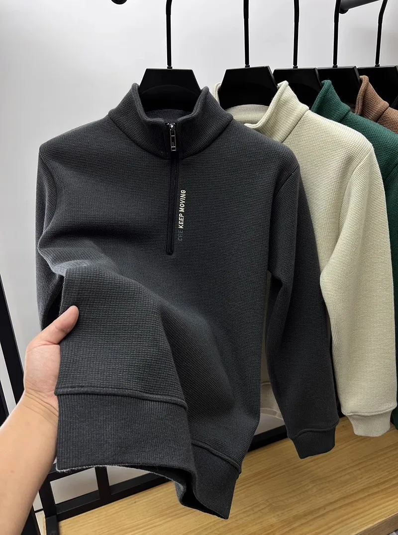 New Autumn Winter Men's Half Zipper Hoodies Fashion Casual Social Men Pullover Tops Stand Collar Warm Thicken Fleece Sweatshirts