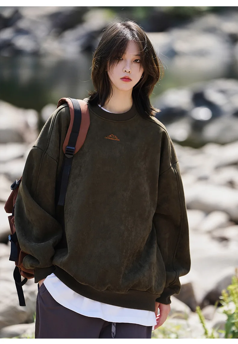 TFETTERS Autumn Winter Suede Sweatshirt Men SLong Sleeved 2026 Solid Color O Neck Retro Baggy Pullovers Fashion Couple Outfits