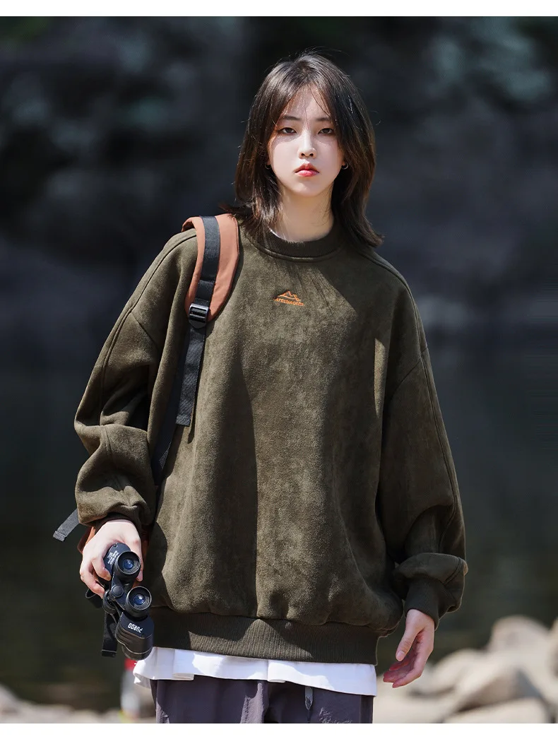 TFETTERS Autumn Winter Suede Sweatshirt Men SLong Sleeved 2026 Solid Color O Neck Retro Baggy Pullovers Fashion Couple Outfits