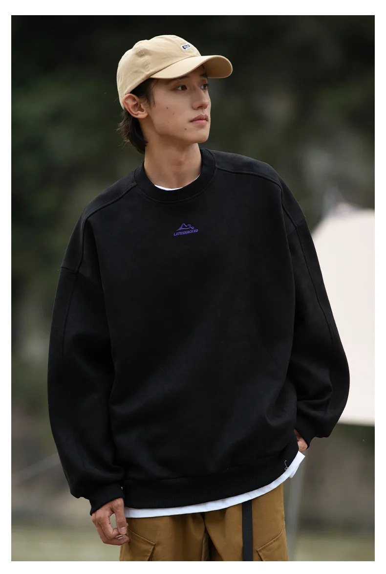 TFETTERS Autumn Winter Suede Sweatshirt Men SLong Sleeved 2026 Solid Color O Neck Retro Baggy Pullovers Fashion Couple Outfits