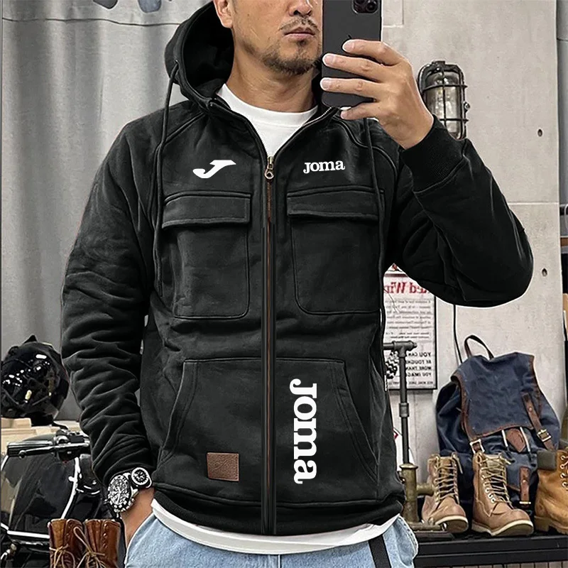 JOMA Men's Loose Fleece-lined Hoodie Jacket with Multiple Pockets Retro American Style Spring Autumn Winter Casual Outerwear