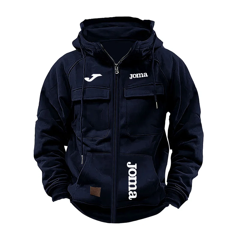 JOMA Men's Loose Fleece-lined Hoodie Jacket with Multiple Pockets Retro American Style Spring Autumn Winter Casual Outerwear
