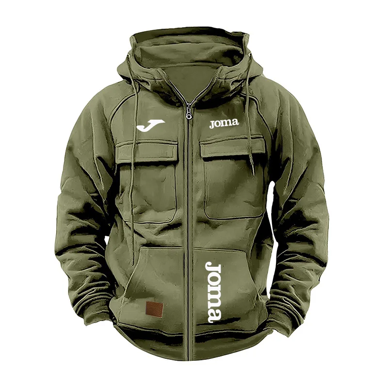 JOMA Men's Loose Fleece-lined Hoodie Jacket with Multiple Pockets Retro American Style Spring Autumn Winter Casual Outerwear