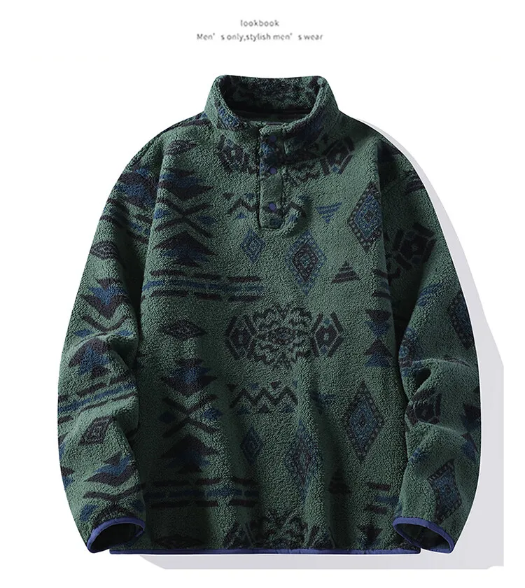 Autumn Winter Men's FleeceThicken Stand Collar Sweater Printed Knit Sweater Base Pullovers Printing Hoodie