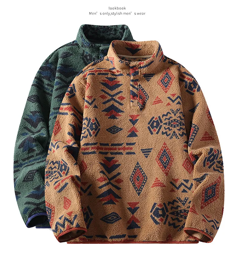 Autumn Winter Men's FleeceThicken Stand Collar Sweater Printed Knit Sweater Base Pullovers Printing Hoodie