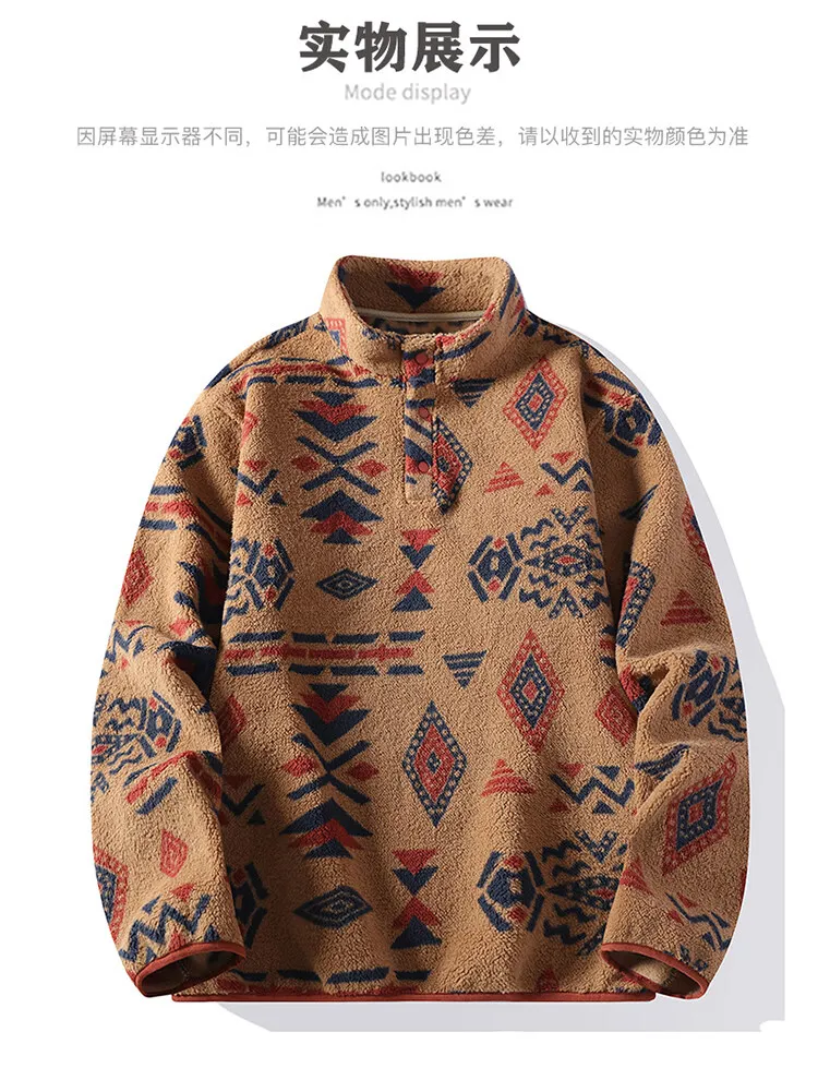 Autumn Winter Men's FleeceThicken Stand Collar Sweater Printed Knit Sweater Base Pullovers Printing Hoodie