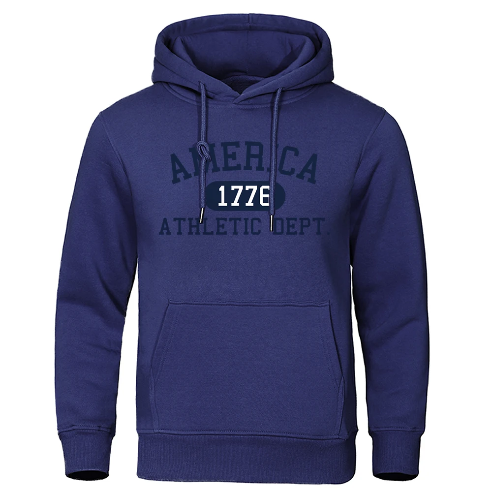 America 1776 Athletic Dept Letter Print Mans Hoodies Pocket O-Neck Sweatshirt Autumn Soft Sweatshirt Casual Loose Man Clothing