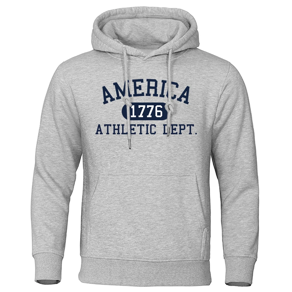 America 1776 Athletic Dept Letter Print Mans Hoodies Pocket O-Neck Sweatshirt Autumn Soft Sweatshirt Casual Loose Man Clothing