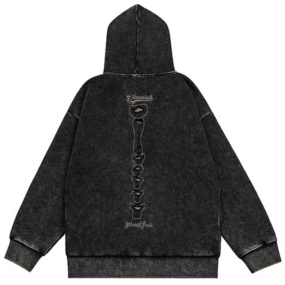 Punk Skeleton Ripped Hoodie for Men Washed Vintage Oversized Pullover Hoodies Hip Hop Streetwear Harajuku Y2K Hooded Sweatshirt