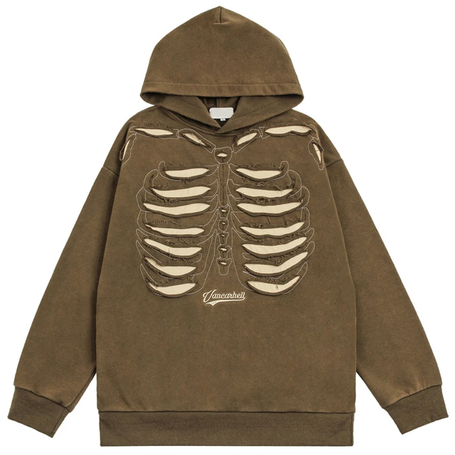 Punk Skeleton Ripped Hoodie for Men Washed Vintage Oversized Pullover Hoodies Hip Hop Streetwear Harajuku Y2K Hooded Sweatshirt