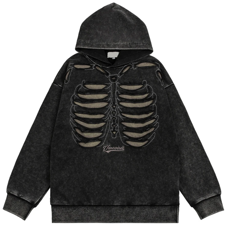 Punk Skeleton Ripped Hoodie for Men Washed Vintage Oversized Pullover Hoodies Hip Hop Streetwear Harajuku Y2K Hooded Sweatshirt