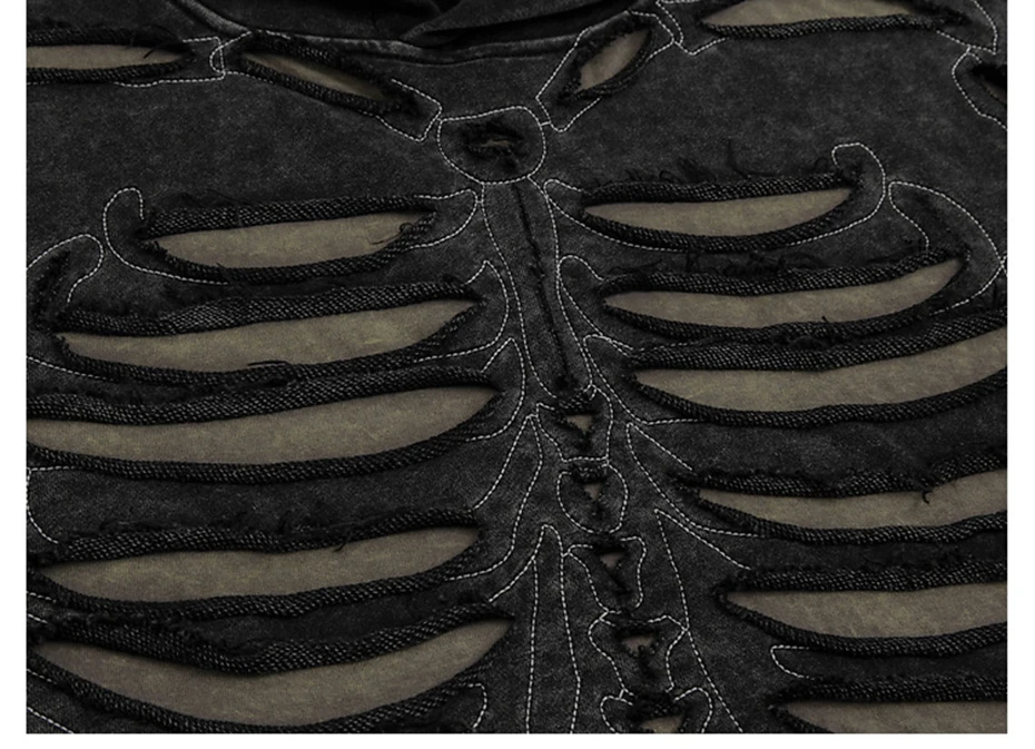 Punk Skeleton Ripped Hoodie for Men Washed Vintage Oversized Pullover Hoodies Hip Hop Streetwear Harajuku Y2K Hooded Sweatshirt