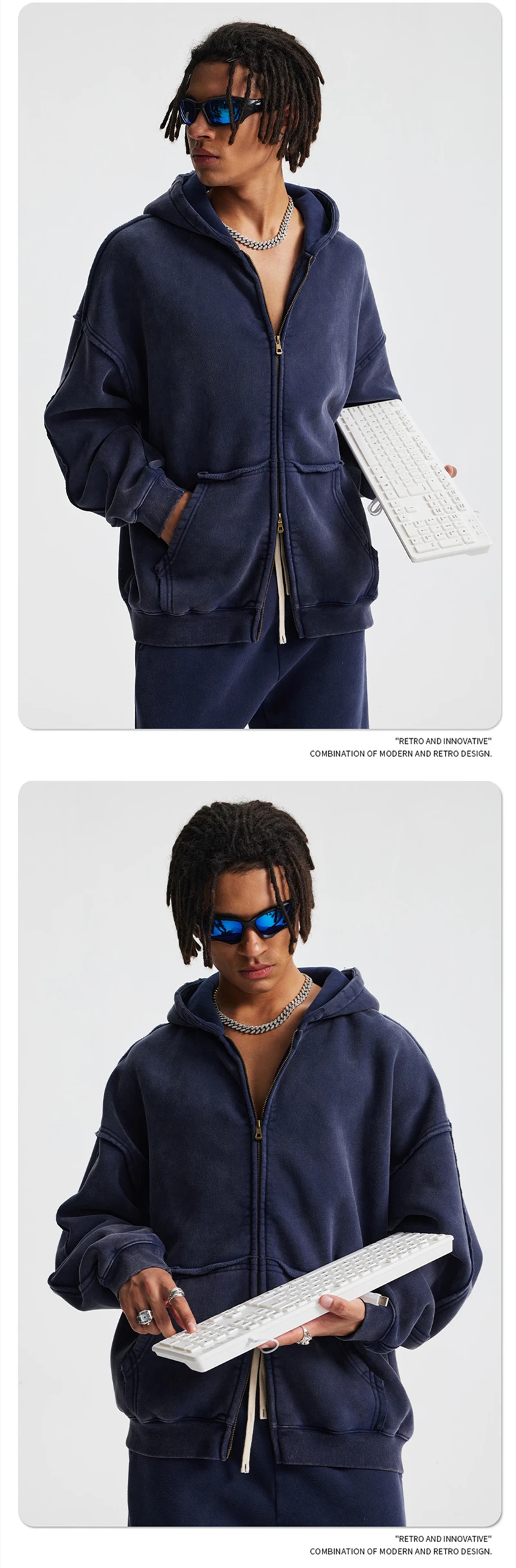 ZODF Vintage Man's Batik Washed Fleece Zipper Hoodie Unisex Winter Warm Distressed Hooded Coat Pullovers Brand Clothing HY1146