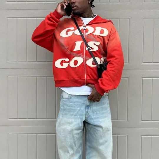 Y2K American New Trend Retro God is Good Casual Street Wear Zip-up Hoodie Men's and Women's Harajuku Hip-hop Gothic Street Wear