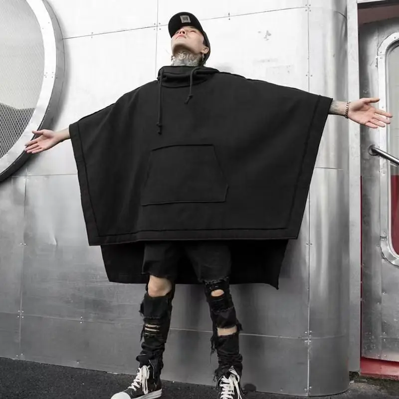 Fashion Vintage Poncho Men Oversized Plush Hooded Batwing Sleeve Trench Punk Outerwear Male Coats Cloak Cape Female Clothing