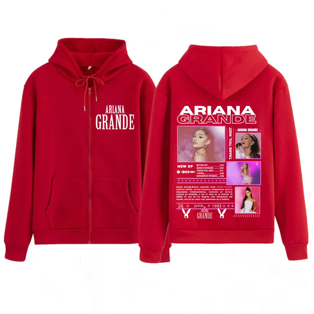Singer Ariana Grande Tour Fashion Print Zipper Hoodie Men Women Harajuku Streetwear Long-sleeved Casual Thick Zip Up Sportswear