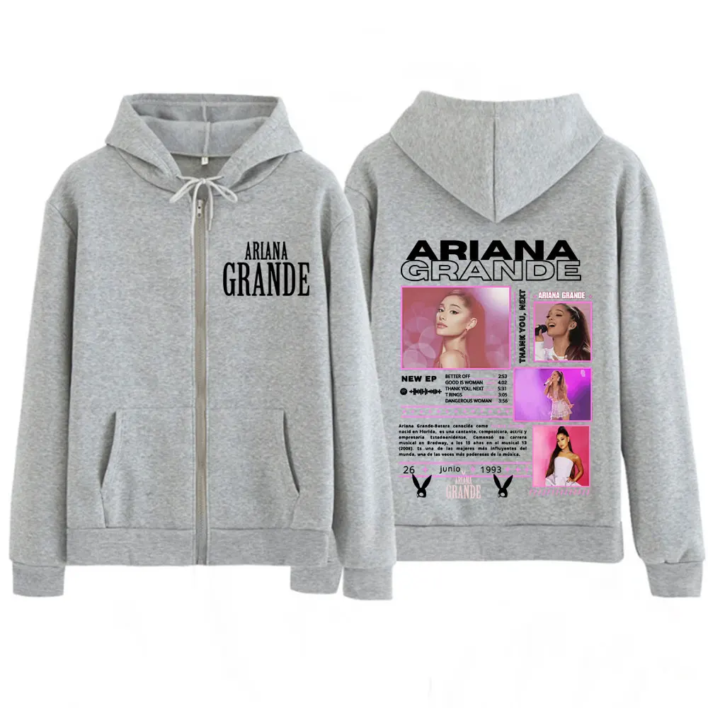 Singer Ariana Grande Tour Fashion Print Zipper Hoodie Men Women Harajuku Streetwear Long-sleeved Casual Thick Zip Up Sportswear