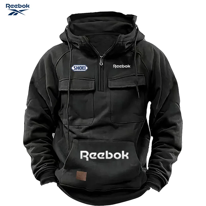 Reebok Men's Muscle Sports Workwear Style Autumn/Winter New Fashion Solid Color Multi-Pocket Long-Sleeved Hooded Sweatshirt