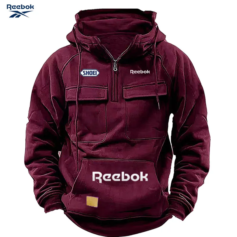 Reebok Men's Muscle Sports Workwear Style Autumn/Winter New Fashion Solid Color Multi-Pocket Long-Sleeved Hooded Sweatshirt