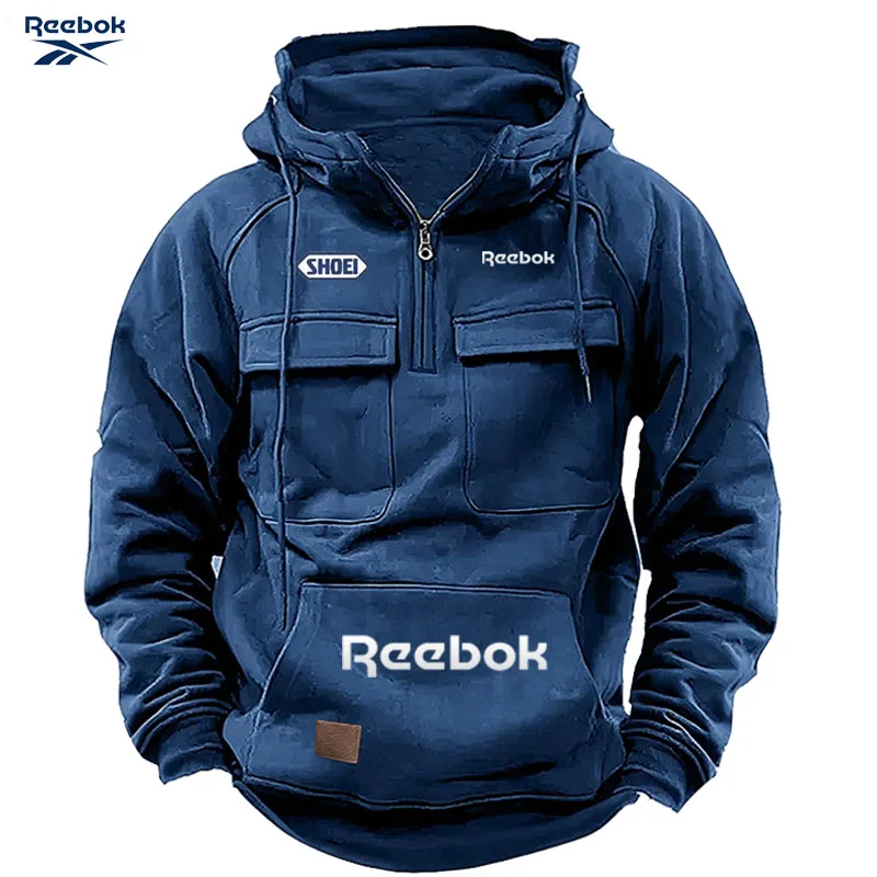 Reebok Men's Muscle Sports Workwear Style Autumn/Winter New Fashion Solid Color Multi-Pocket Long-Sleeved Hooded Sweatshirt