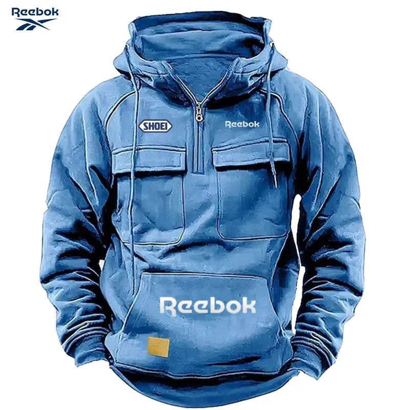 Reebok Men's Muscle Sports Workwear Style Autumn/Winter New Fashion Solid Color Multi-Pocket Long-Sleeved Hooded Sweatshirt